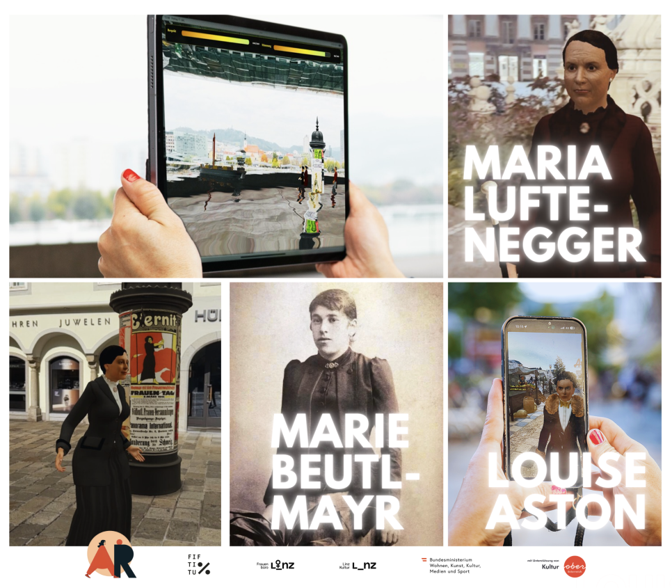 Collage mit Abbildungen von feministischen Persönlichkeiten und AR-App.