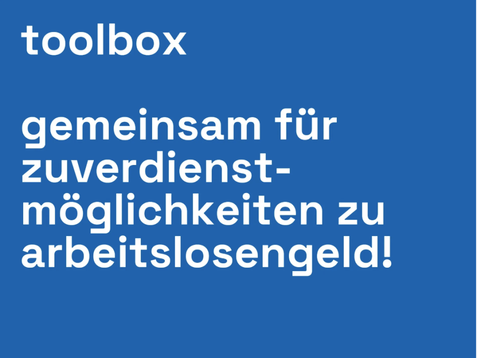 Logo mit weißem Text auf blauem Hintergrund: "toolbox, gemeinsam für Zuverdienstmöglichkeiten."
