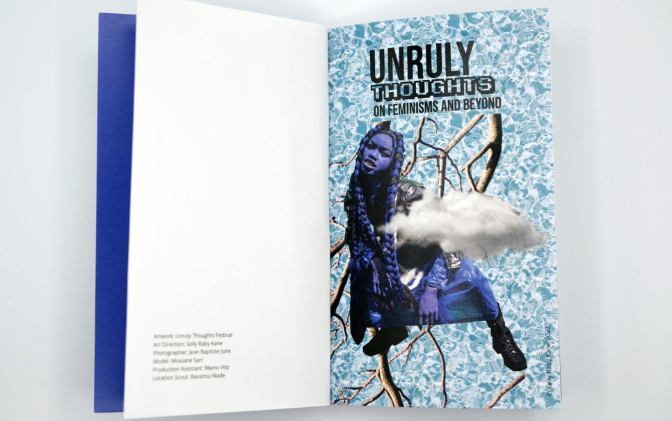 Offenes Buch mit blauem Kunstcover und Titel "Unruly Thoughts".