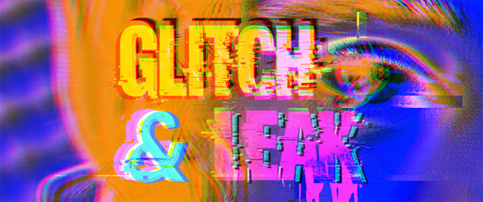 Buntes, verzerrtes Logo mit Schriftzug "Glitch & Leak".