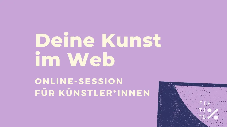 Lila Grafik mit Text: "Deine Kunst im Web". Laptop im unteren Bereich.
