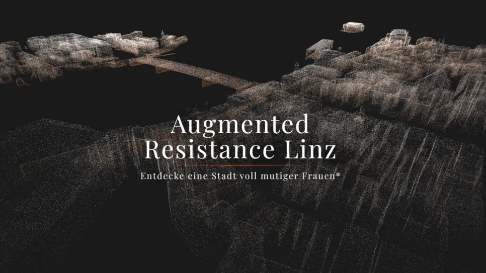 Schwarzes Logo mit dem Text "Augmented Resistance Linz".