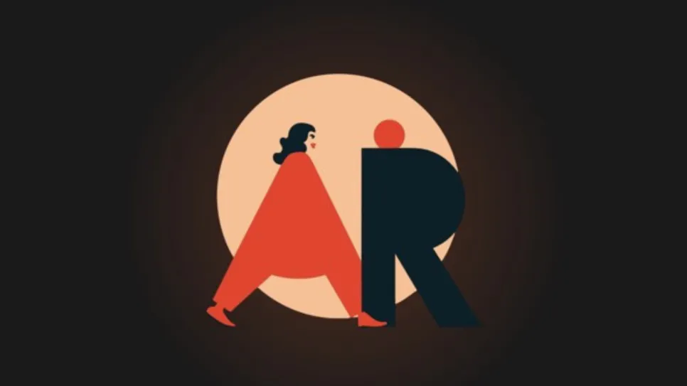 Logo mit stilisierter Frau, die vor den Buchstaben "AR" läuft, in Rot und Schwarz.