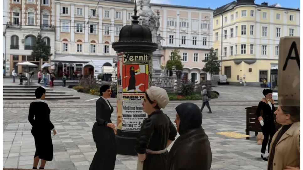 Historische Straßenszene mit Frauen, die an Plakat für Feminismus vorbeigehen.