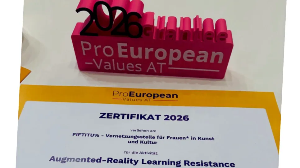 Zertifikat mit Schriftzug "ProEuropean Values AT" und rosa 3D-Logo "2026 grantee".