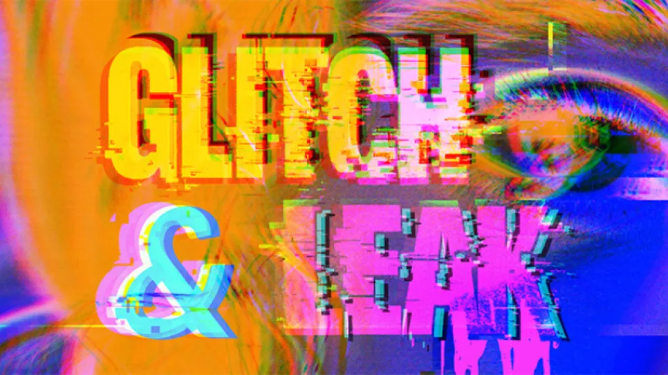 Buntes, verzerrtes Logo mit Schriftzug "Glitch & Leak".