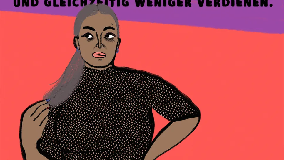 Illustration einer Frau mit Handbewegung, Text gegen Lohnungleichheit, Hashtag #CloseTheGap.