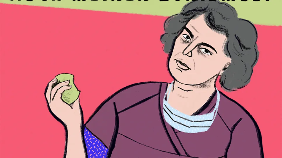 Illustration einer Frau in Pflegekleidung mit Apfel, Text über Einkommensungleichheit.