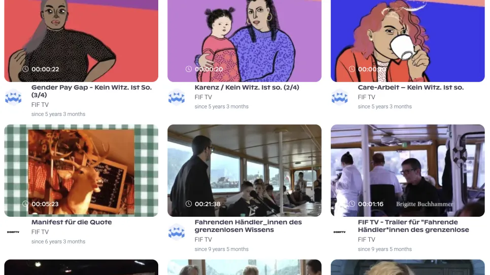 Miniaturansichten von Diskussionen, Vorträgen, Illustrationen und Performances einer feministischen Organisation.