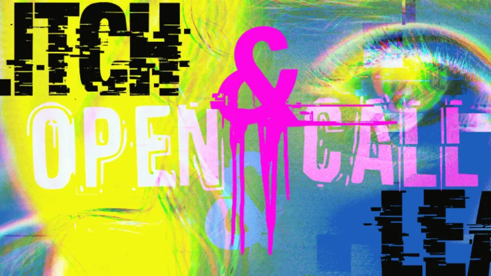 Bunte Grafik mit Text "GLITCH &amp; OPEN CALL LEAK".