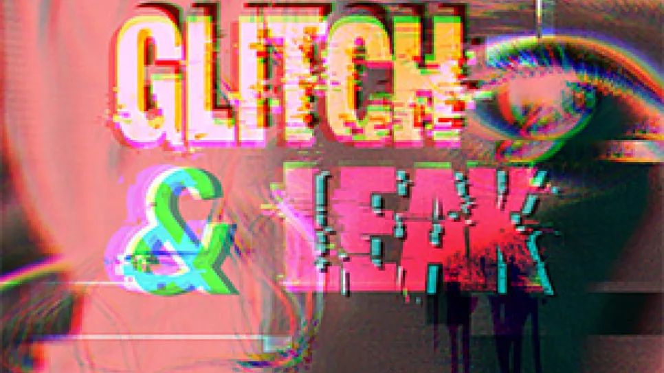Glitch-Text in grellen Farben vor Augenmotiv, verzerrt und digital.