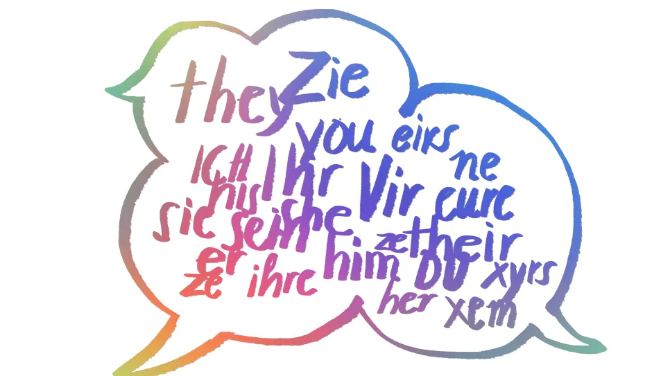 Sprechblase mit Pronomen in regenbogenfarbenem Verlauf