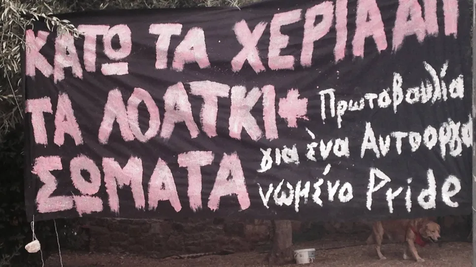 Schwarzes Banner mit rosa und weißem Text, schildert eine Botschaft in einem Garten.