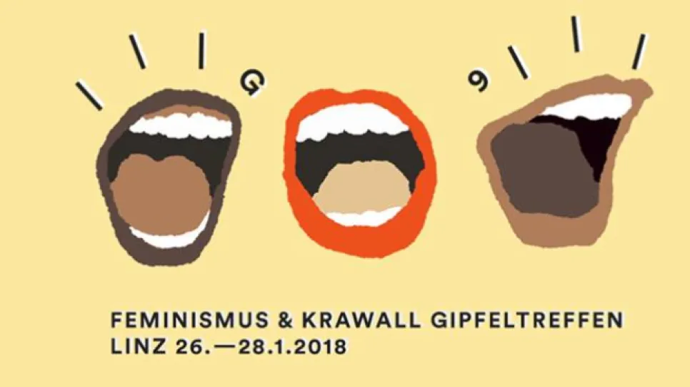 Drei gezeichnete, geöffnete Münder auf gelbem Hintergrund.
