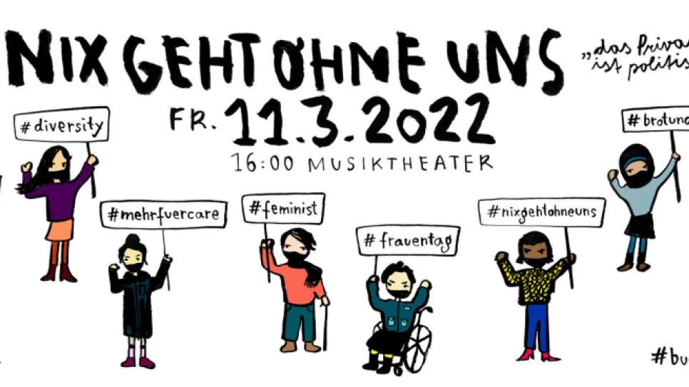 Cartoon von fröhlichen Menschen mit Bannern, Text oben und Datum.