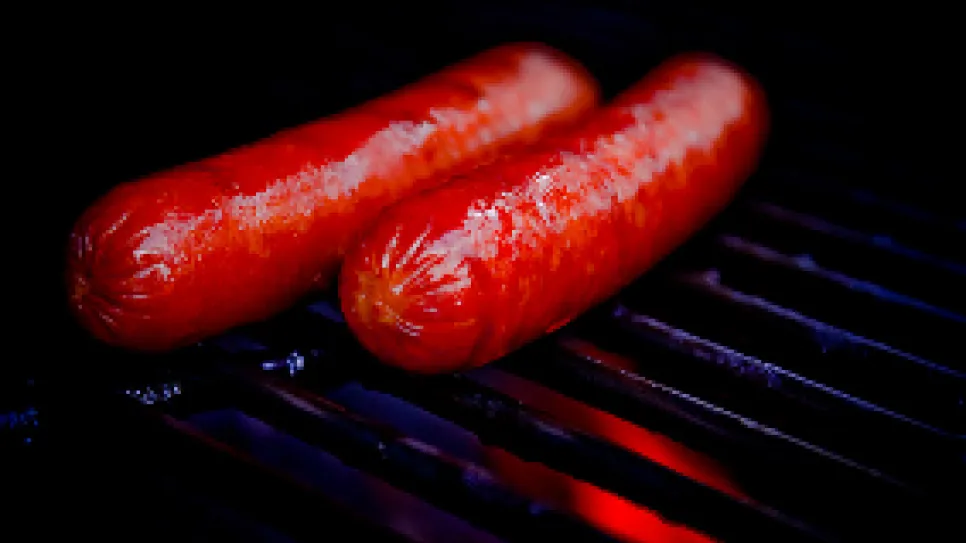 Zwei gegrillte Würstchen auf einem dunklen Grillrost.