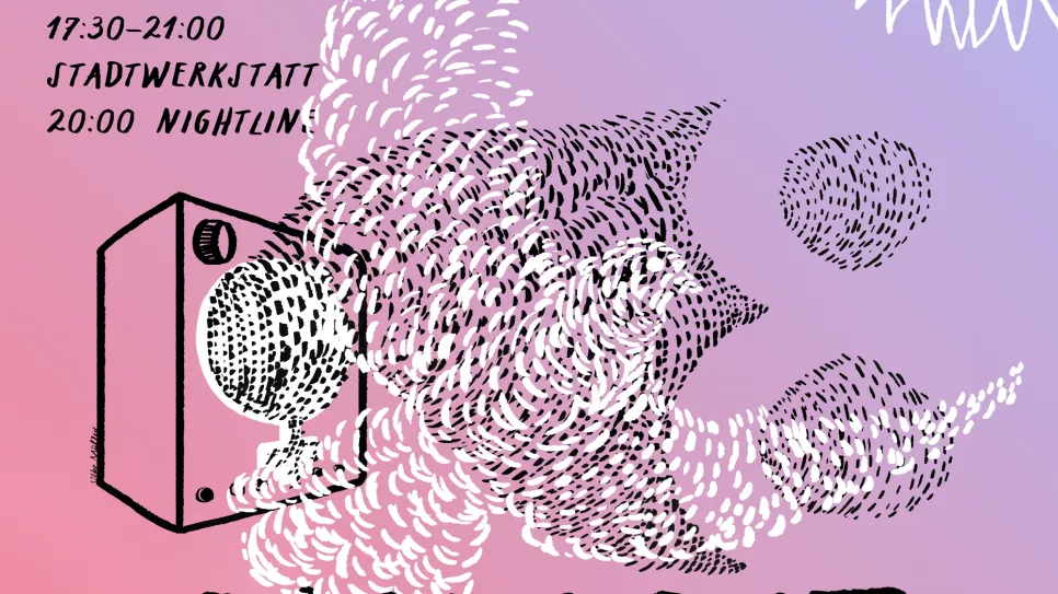 Bunter Hintergrund mit stilisierten Blumen und Lautsprecher, Text "Solidarity".
