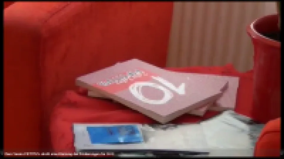 Rotes Sofa mit Büchern und Tassen auf einem Tisch.
