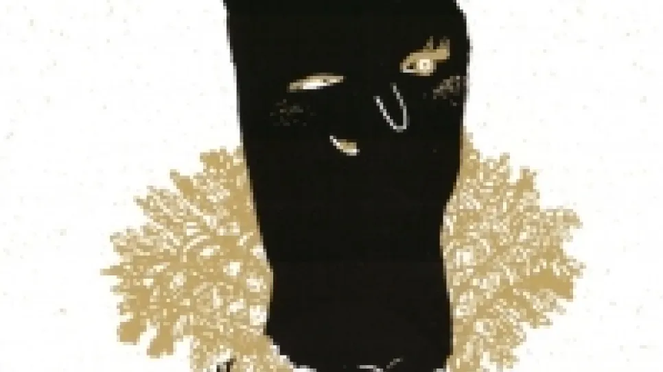 Plakat mit schwarzem Handsymbol, goldenen Blumen und Text.