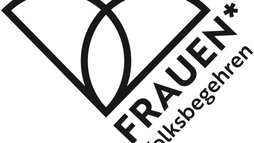 Schwarzes Logo mit zwei überlappenden Halbkreisen, Text: "Frauen* Volksbegehren".