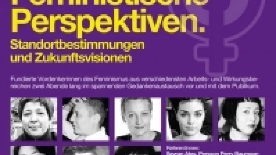 Lila Plakat mit Porträtfotos und Text zu feministischen Perspektiven.