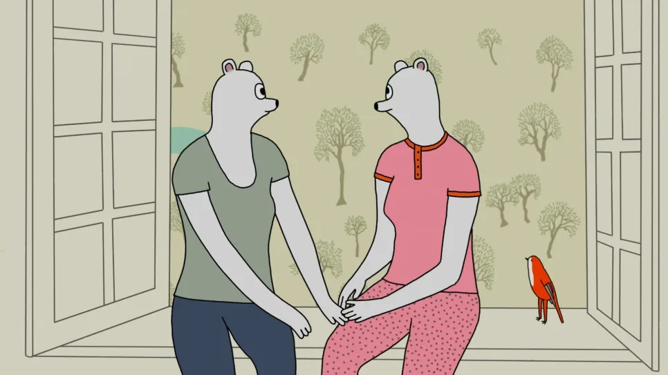 Zwei cartoonartige Bärenfiguren sitzen am Fenster, halten sich die Hände.