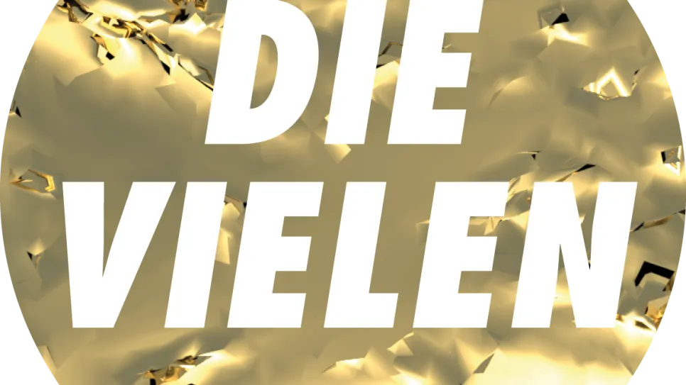 Goldenes, zerknittertes Logo mit weißem Text "DIE VIELEN".