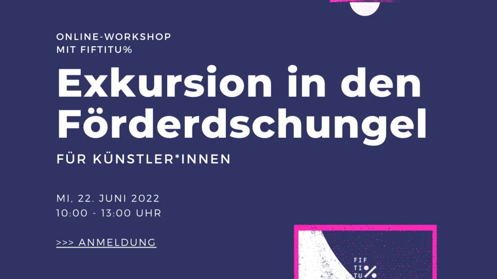 Online-Workshop-Ankündigung, rosa Schrift und Laptop auf dunkelblauem Hintergrund.