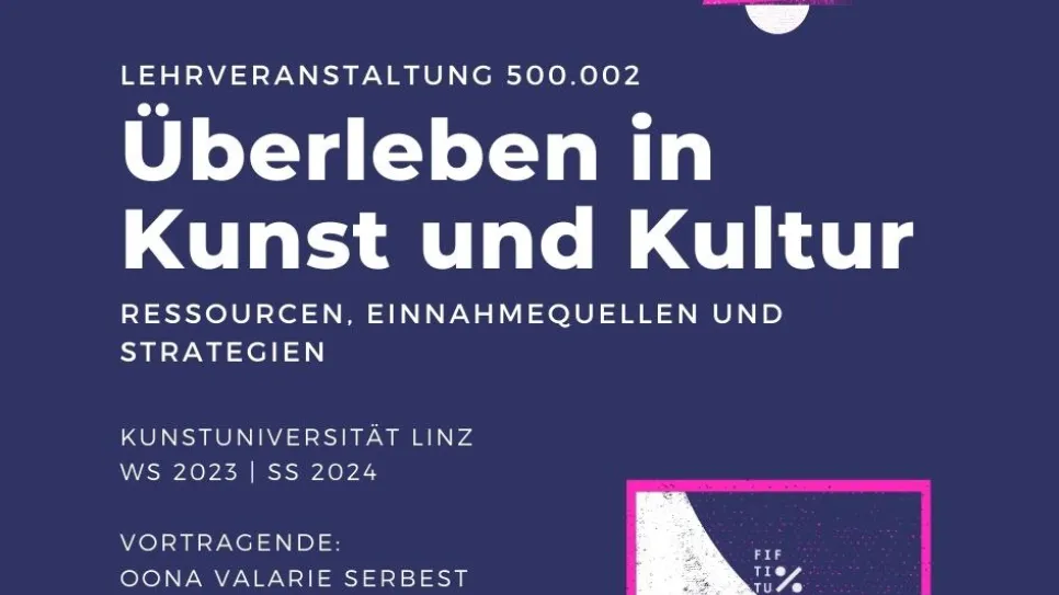Lehrveranstaltungsplakat mit Laptop und rosafarbener Lampe auf dunkelblauem Hintergrund.