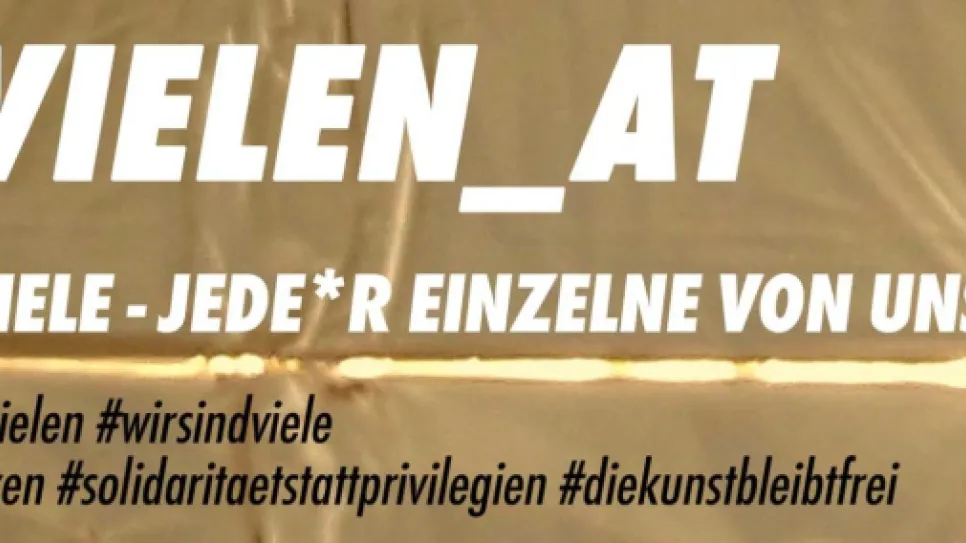Goldenes Banner mit rosa Logo "DIE VIELEN" und Text über Vielfalt.