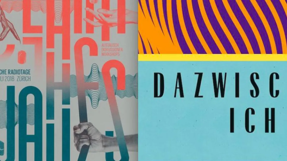 Bunte Grafik mit überlappenden Buchstaben und Wellenlinien. Text: "DAZWISCHEN ICH".