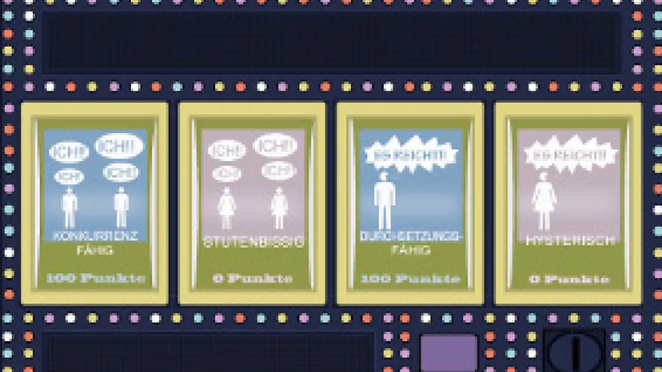 Grafik eines Spielautomaten mit farbigen Lichtern und vier Textfeldern.