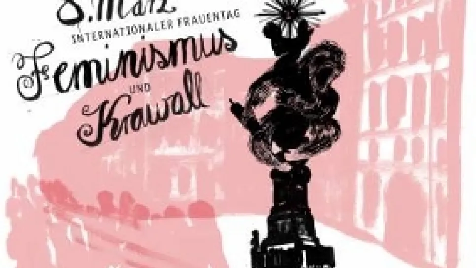 Illustration mit Statue und rotem Hintergrund.
