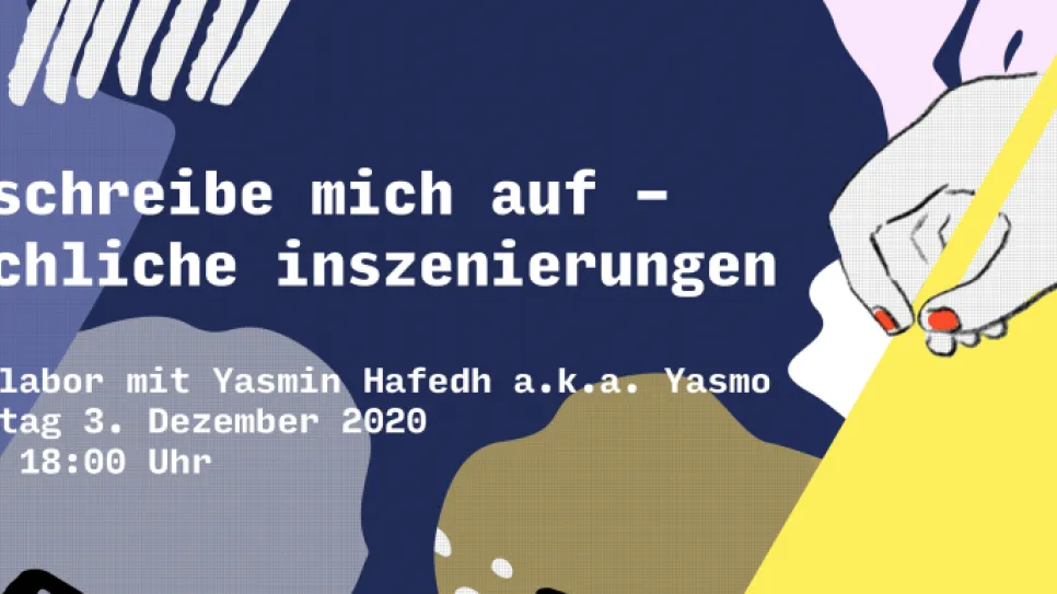 Bunte Grafikkollage mit Hand, Stift und Schriftzug.