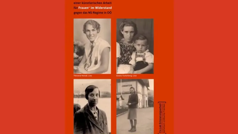 Drei historische Porträts von Frauen und Kind auf rotem Hintergrund.