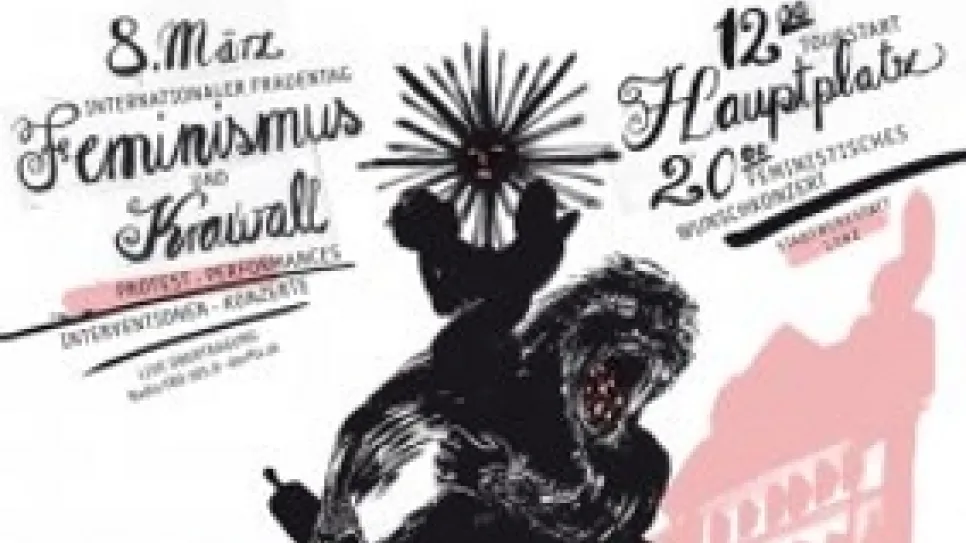 Illustration einer Protestfigur mit erhobener Faust, stilisiert in Schwarz und Rosa.