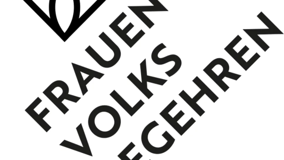 Logo mit stilisierten Kreisen, Text: "Frauen Volks Begehren".