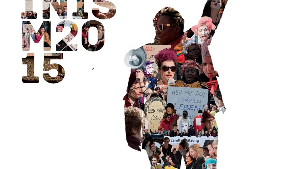 Collage aus Protestbildern in Silhouette einer Person mit erhobener Faust, Text "Sounds Like Feminism 2015".