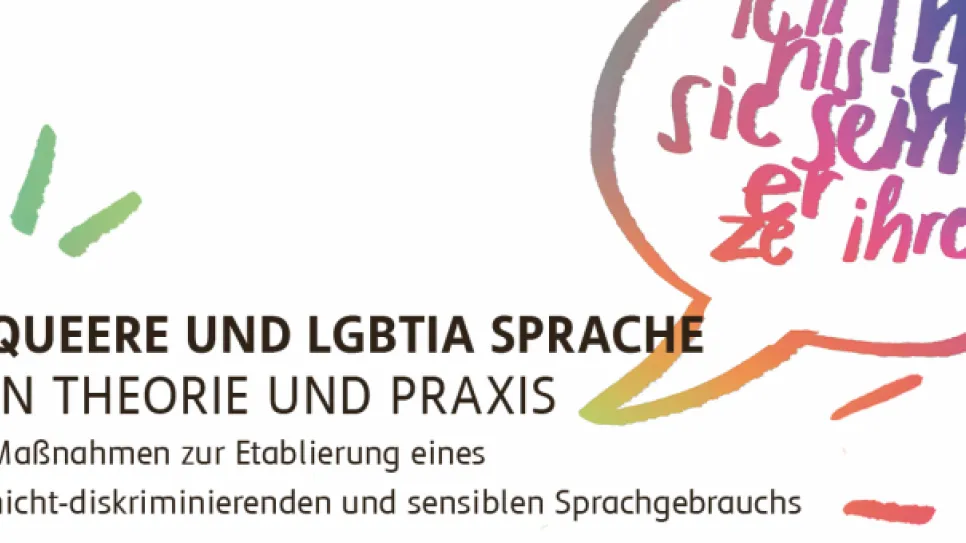 Banner mit bunten Sprechblasen und Text zu queerer und LGBTIQ+ Sprache.