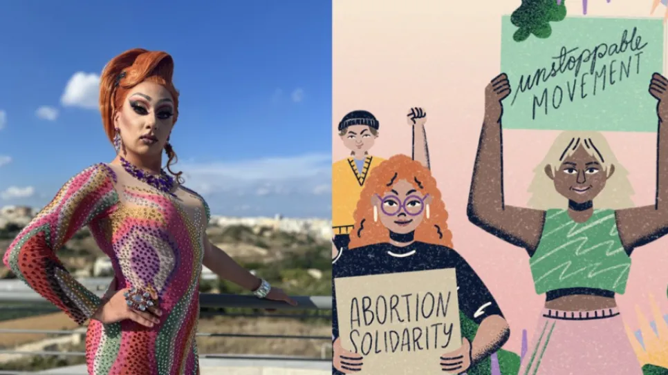 Drag-Künstler in buntem Kleid posiert im Freien; daneben Illustration mit drei Aktivisten.