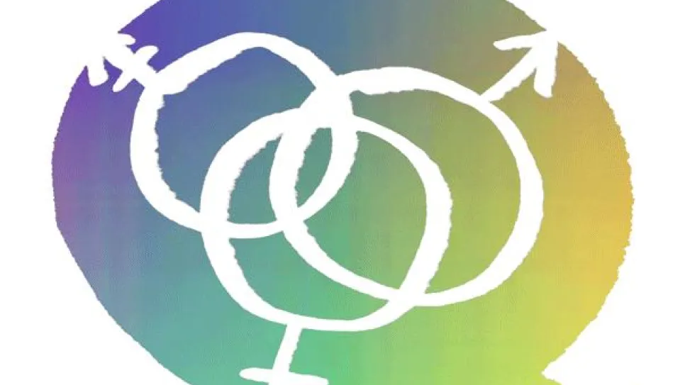 Drei ineinander verschlungene Geschlechtersymbole auf regenbogenfarbenem Hintergrund.