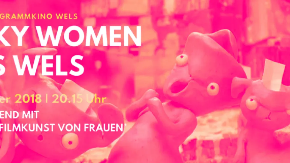 Rosa Hintergrund mit skurrilen Figuren und Text in Weiß.