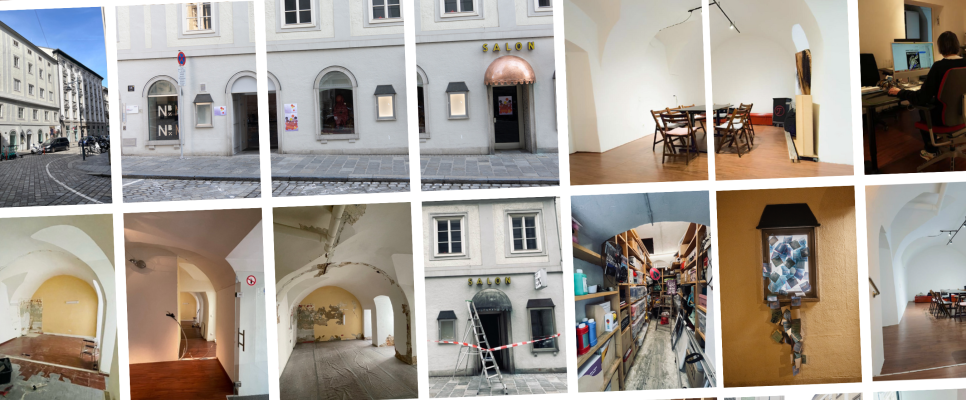 Collage mit Fotos eines Hauses und Innenräumen einer feministischen Organisation in einer Stadt.