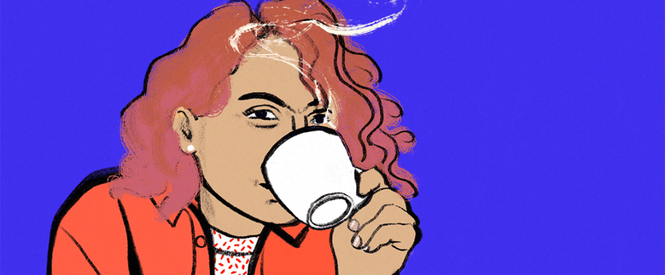 Farbige Grafik einer Frau mit Tasse, ironischer Text über Vollzeitarbeit.