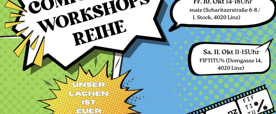 Comic-Strip-Workshops mit bunten Sprechblasen und Veranstaltungsdetails.