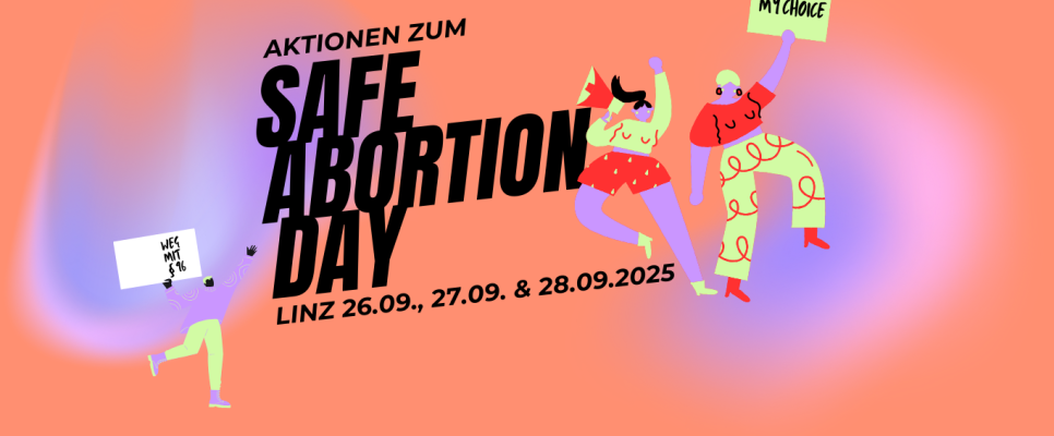 Buntes Plakat für Safe Abortion Day in Linz, 26.-28.09.2025, mit tanzenden Figuren.