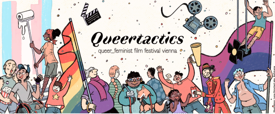 Queertactics-Logo mit vielfältigen Menschen und Regenbogenflagge.