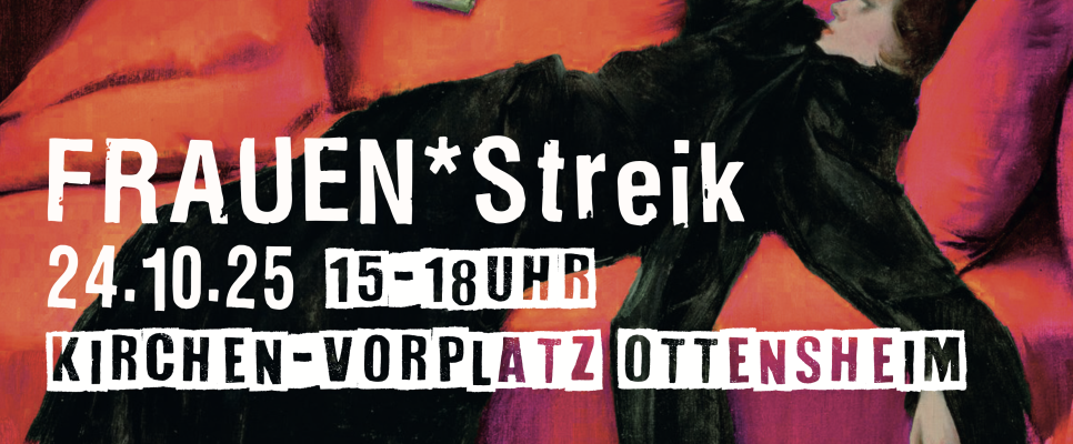 Frau in schwarzer Kleidung liegt auf rotem Sofa, hält Buch. Text: FRAUEN*Streik, Termininfo.