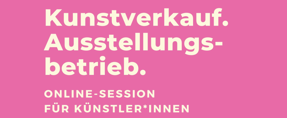 Kunstverkauf und Ausstellungsbetrieb, rosa Hintergrund, blaue Brille unten rechts.