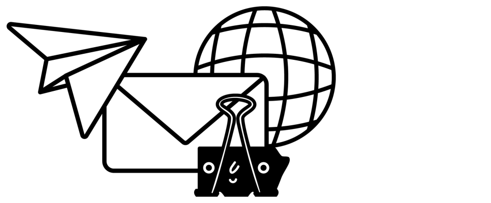 Papierflieger, Brief und Weltkugel-Symbol in Schwarz-Weiß.